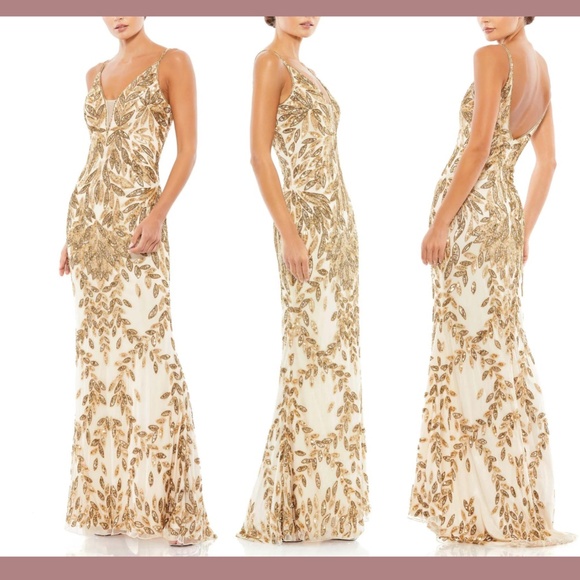 NWT $498 Mac Duggal‎ [ 4 ] Embellished Leaf Evening Gown in Nude Gold - Picture 1 of 14